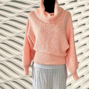 Vintage 1970s Boho Peach Turtle Neck Pullover Slouchy Knit Sweater - M